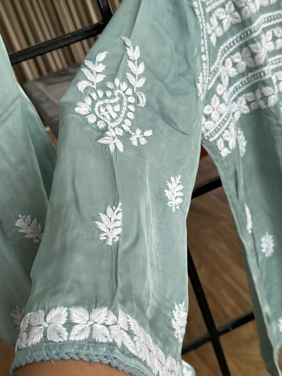 Green Lagoon Cotton Satin Chikankari Co-Ord Set