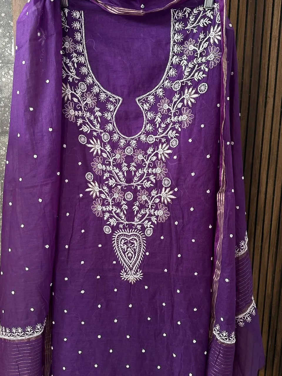 Deep Purple Mul Chanderi Chikankari Unstitched Fabric