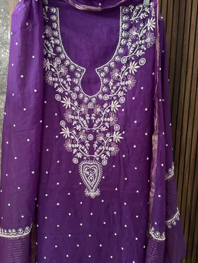 Deep Purple Mul Chanderi Chikankari Unstitched Fabric