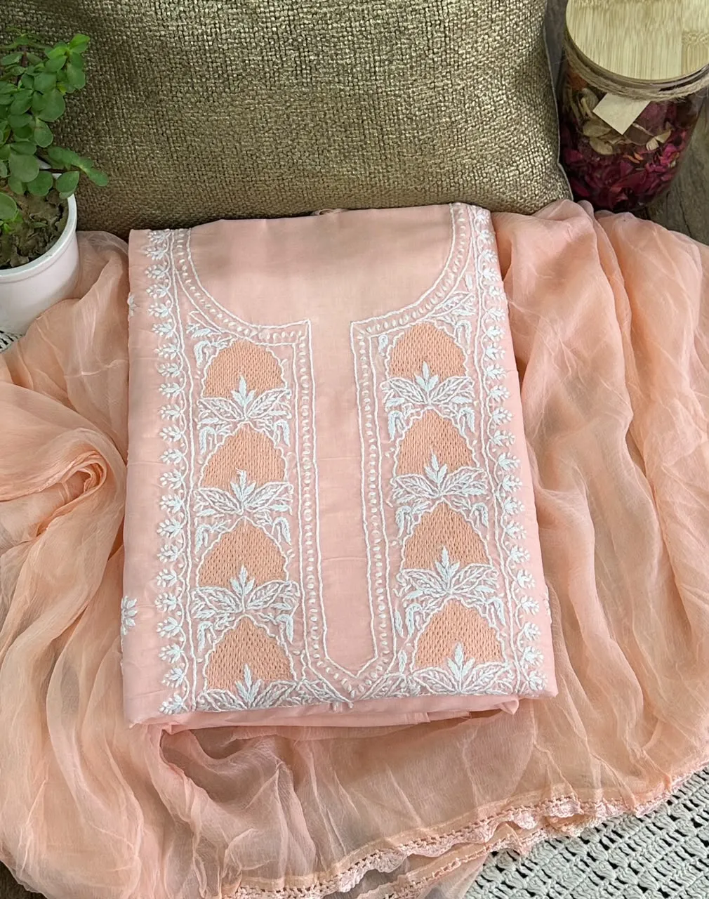 Light Peach Soft Cotton Fine Chikankari With Haath Ki Jaali Neck Work