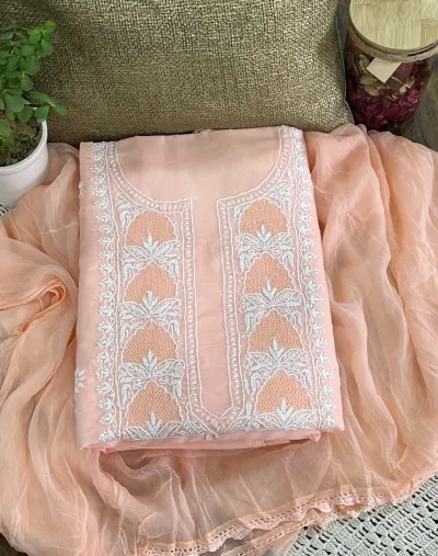 Light Peach Soft Cotton Fine Chikankari With Haath Ki Jaali Neck Work