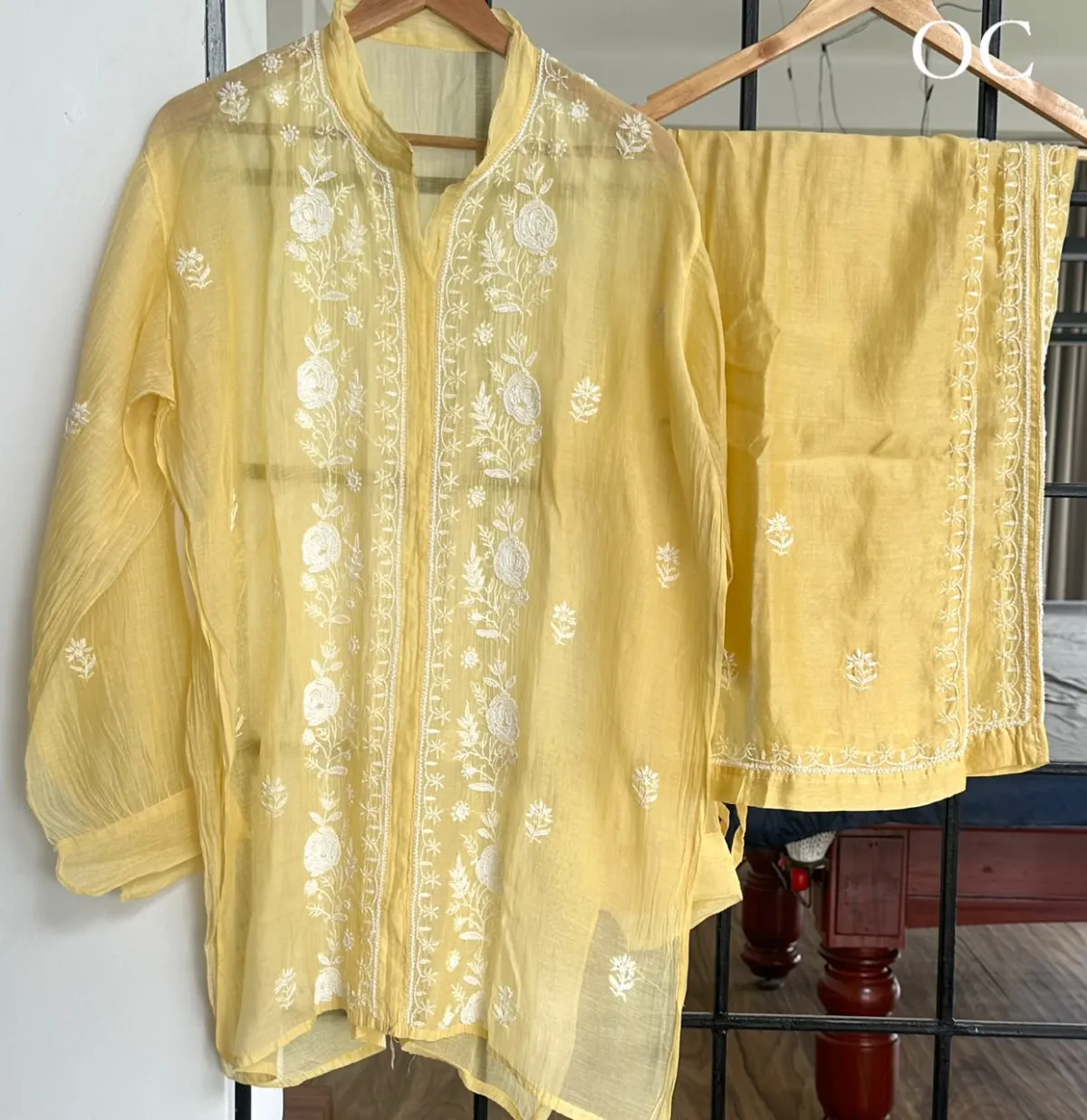 Lemon Yellow Mul Chanderi Chikankari Co-ord set