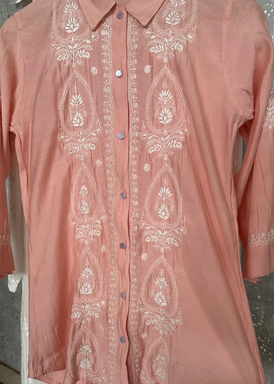Soft Coral Muslin Chikankari Co-Ord Set