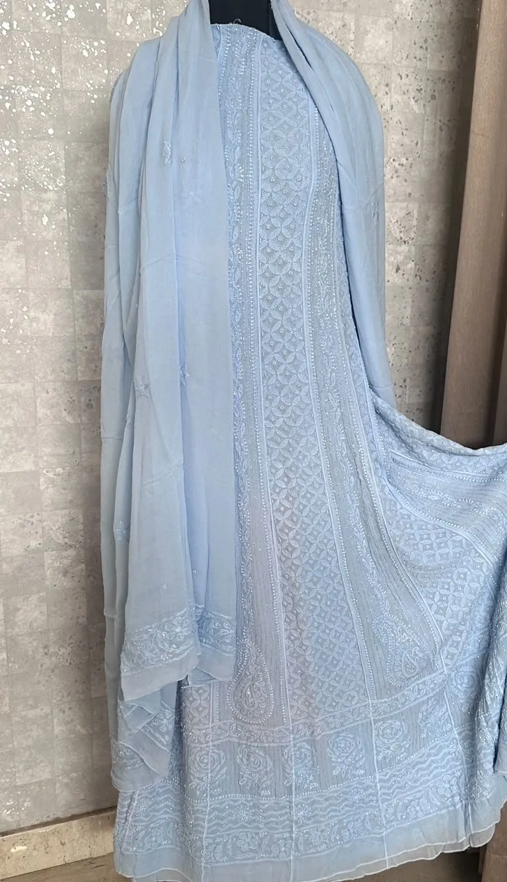 Pale Cornflour Blue Chikankari 18 Kali Anarkali Set