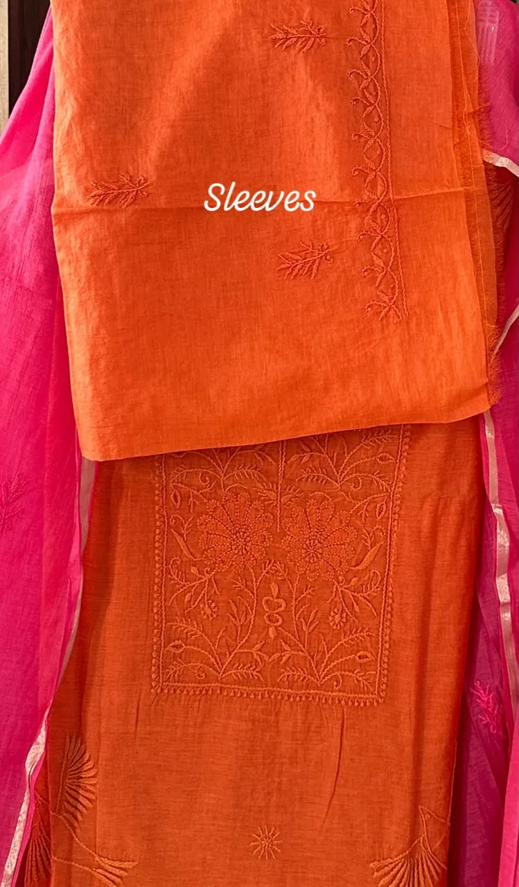 Saffron Mul Chanderi Chikankari Unstitched Fabric