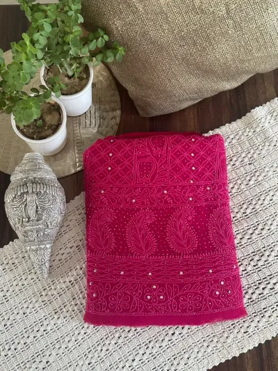 Ruby Pink Viscose Georgette Chikankari Unstitched Fabric