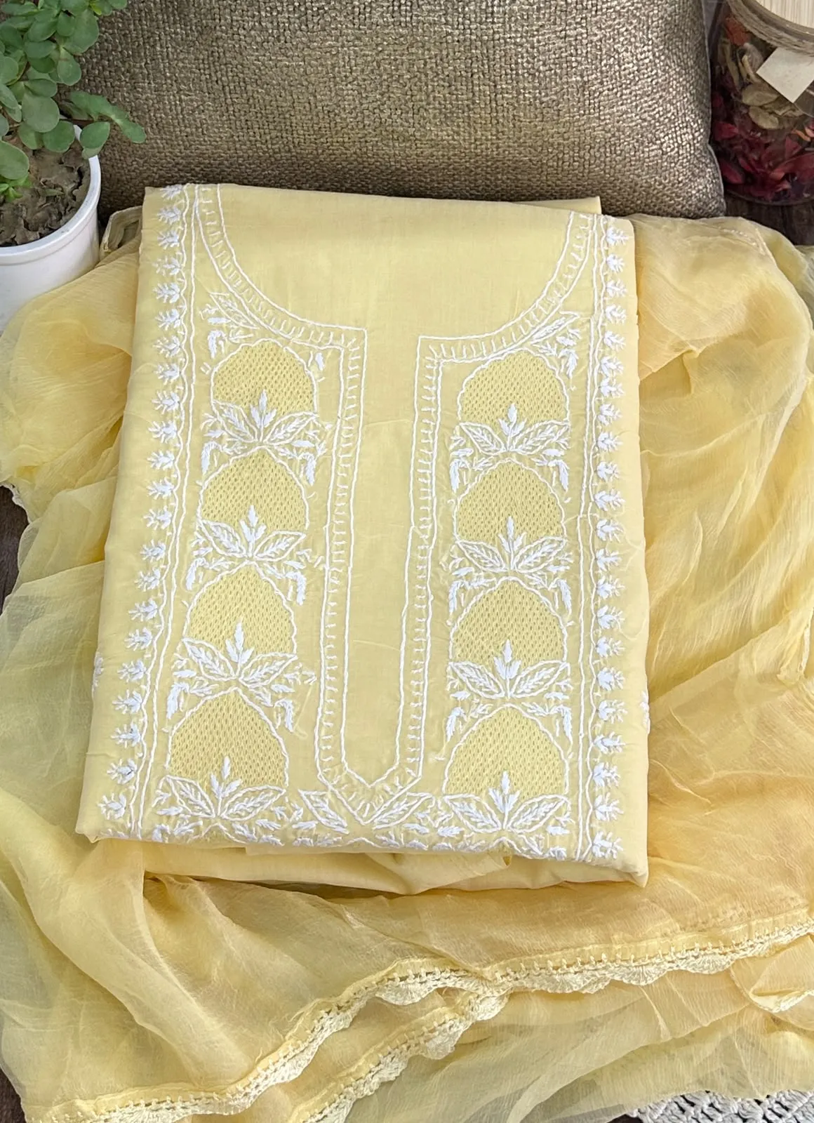 Butter Yellow Soft Cotton Fine Chikankari With Haath Ki Jaali Neck Work