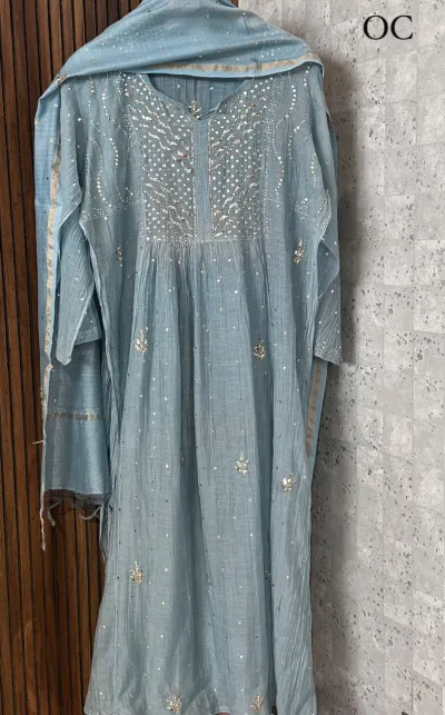 Silver Pastel Blue Mukaish Mul Chanderi Silk Set