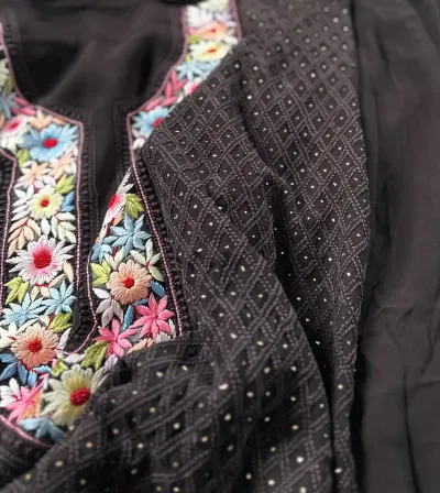 Black Parsi Viscose Georgette Chikankari Unstitched Fabric