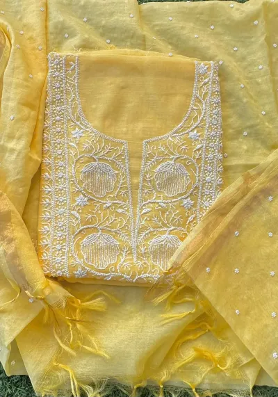 Sunny Yellow Mul Chanderi Unstitched Fabric
