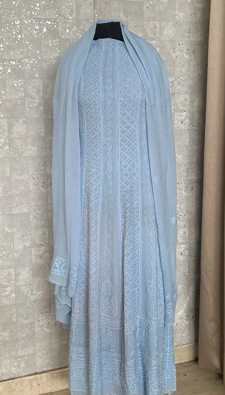 Pale Cornflour Blue Chikankari 18 Kali Anarkali Set