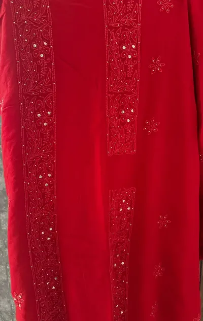 Crimson Viscose Georgette Chikankari Unstitched Fabric