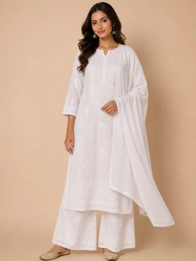Modal Cotton Handcrafted Chikankari Kurta, Dupatta and Palazzo Set