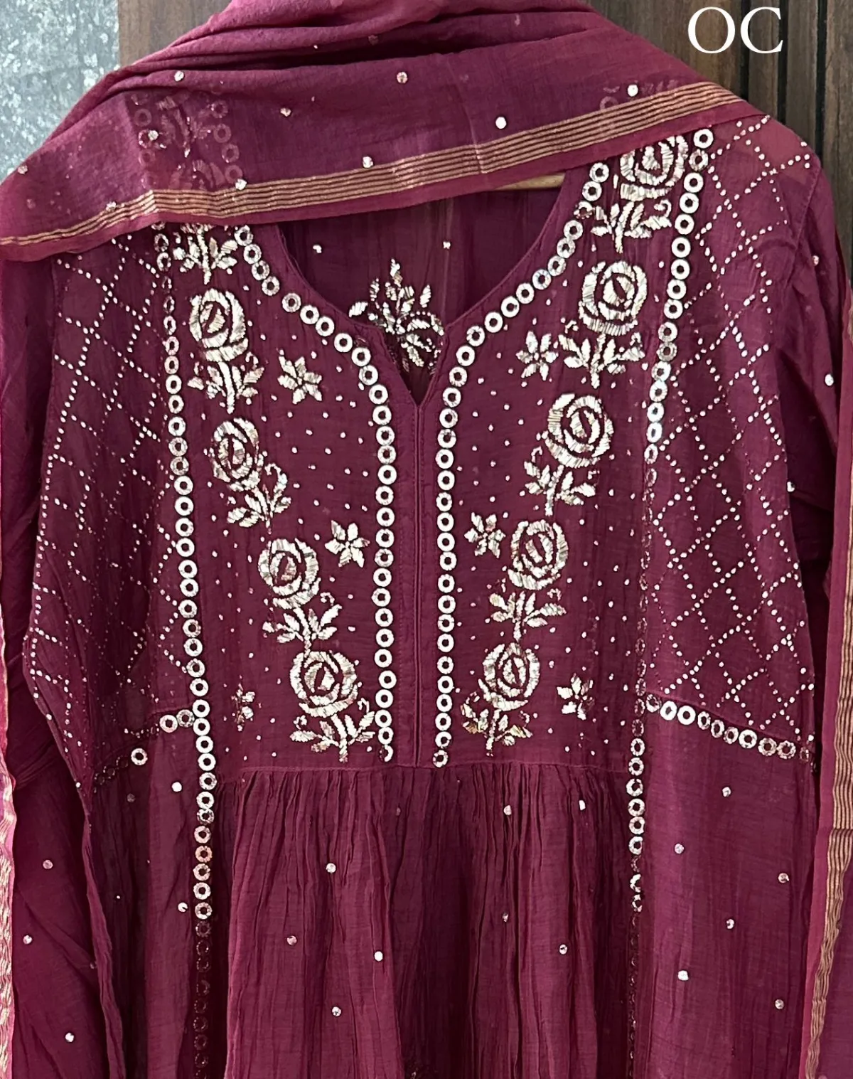 Wine Colour Mukaish Mul Chanderi Silk Set