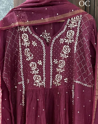 Wine Colour Mukaish Mul Chanderi Silk Set