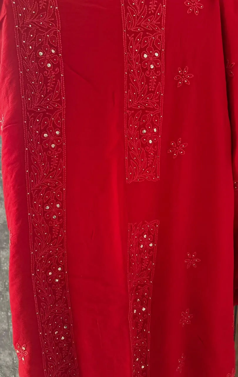 Crimson Viscose Georgette Chikankari Unstitched Fabric