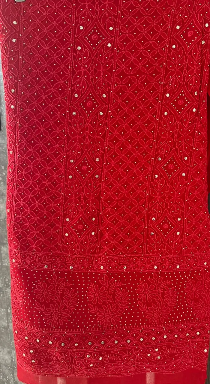 Crimson Viscose Georgette Chikankari Unstitched Fabric