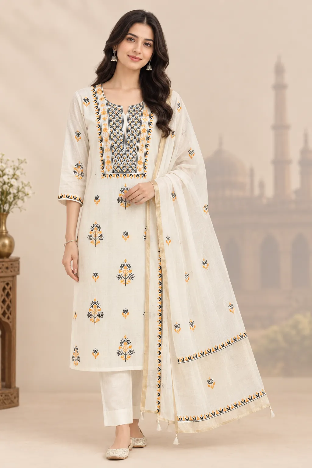 Cream Mul Chanderi Chikankari Unstitched Fabric