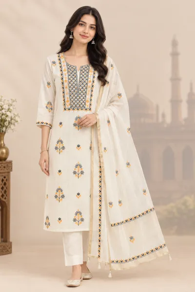Cream Mul Chanderi Chikankari Unstitched Fabric