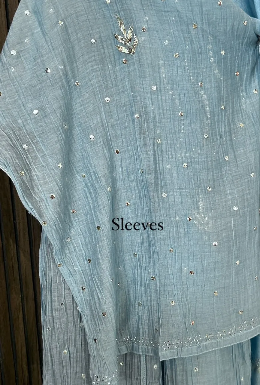 Silver Pastel Blue Mukaish Mul Chanderi Silk Set