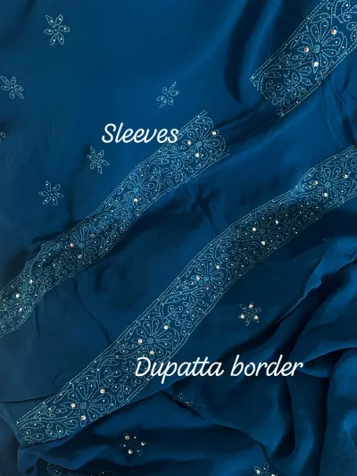 Dark Steel Blue Viscose Georgette Chikankari Unstitched Fabric
