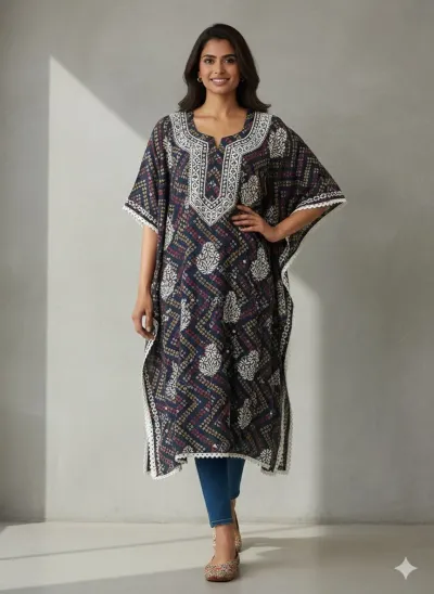 Stitched Crepe Cotton Printed Kaftan