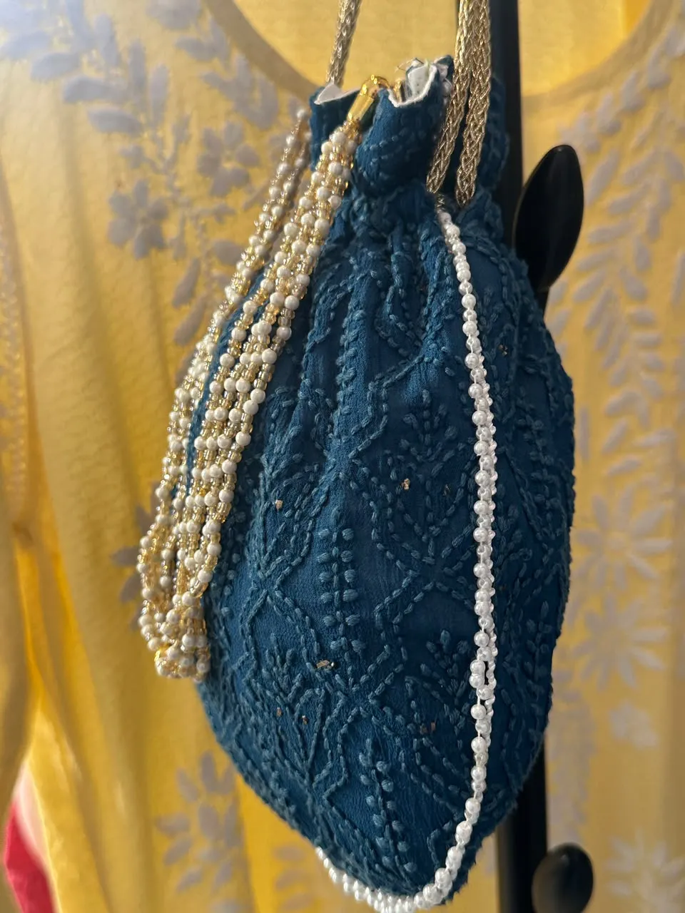 Royal Blue Chikankari Potli