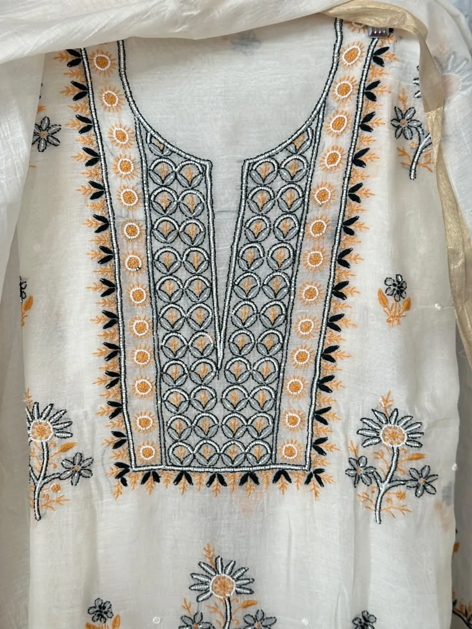Cream Mul Chanderi Chikankari Unstitched Fabric