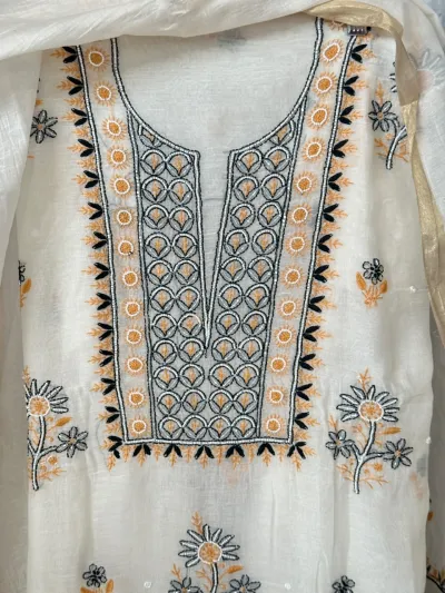 Cream Mul Chanderi Chikankari Unstitched Fabric