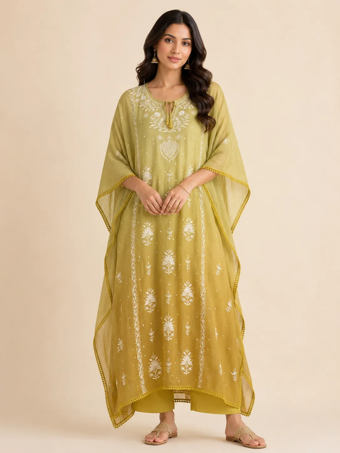Olive Yellow Mul Chanderi Chikankari Kaftan