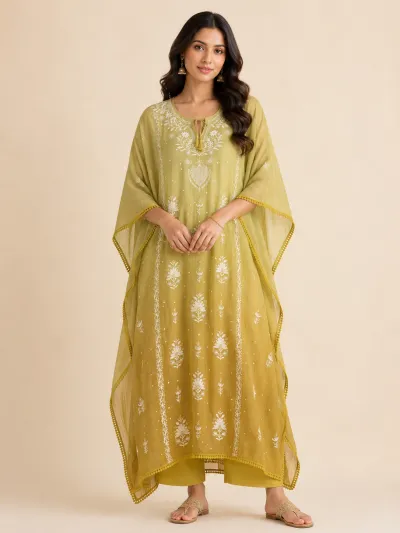 Olive Yellow Mul Chanderi Chikankari Kaftan