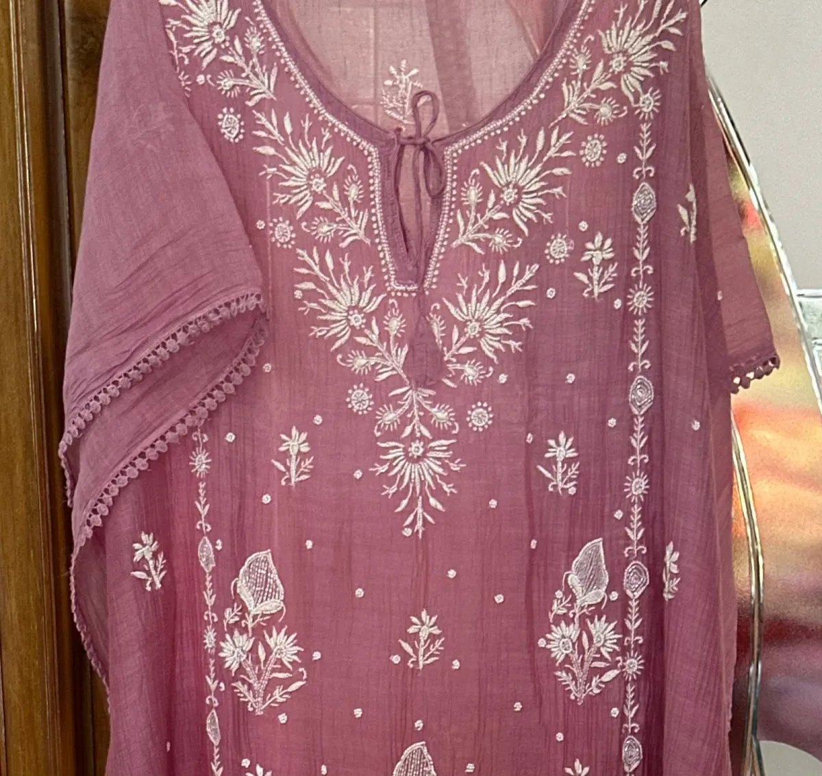 Ombre Onion Pink Mul Chanderi Chikankari Kaftan