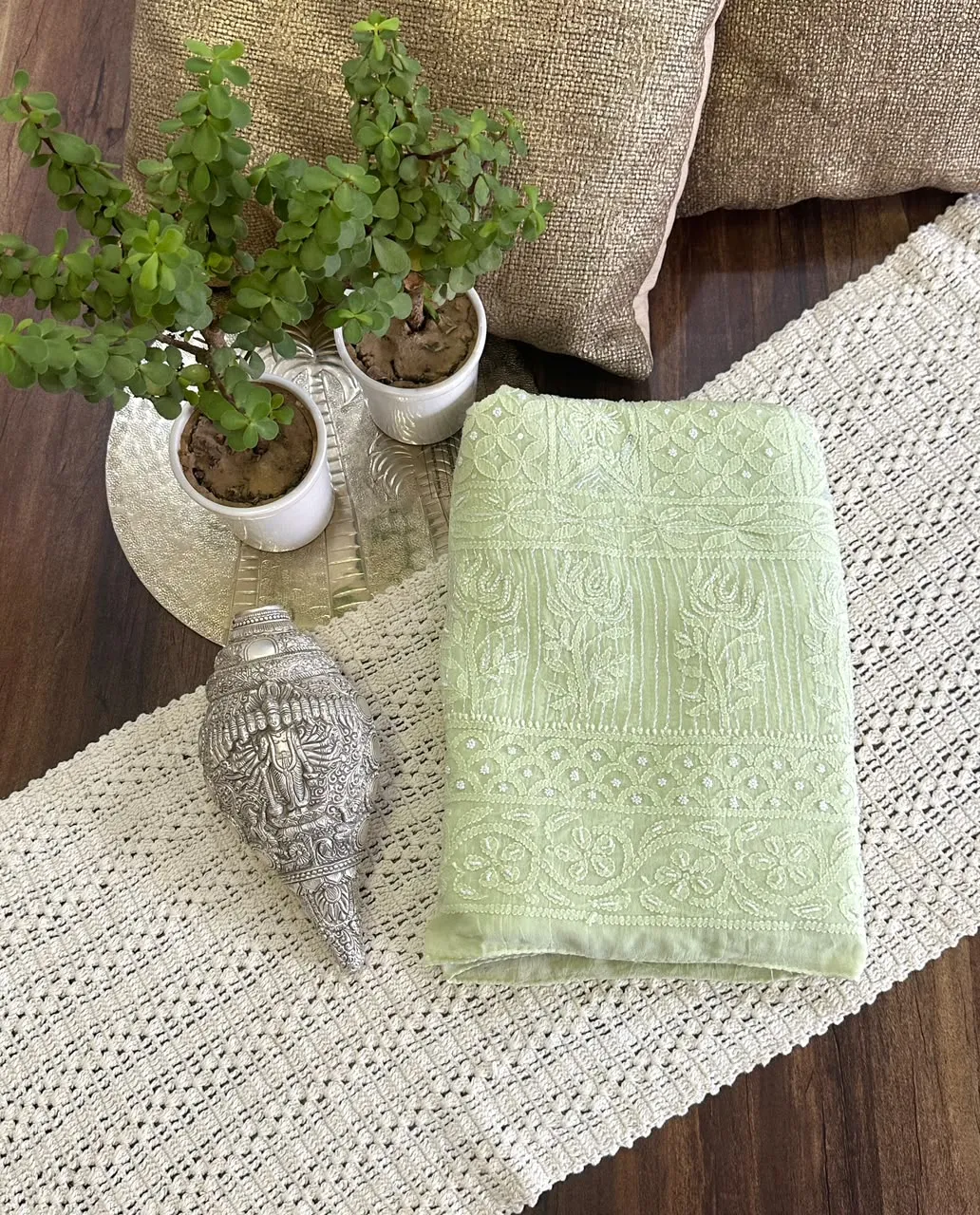 Soft Pistachio Viscose Georgette Chikankari Unstitched Fabric